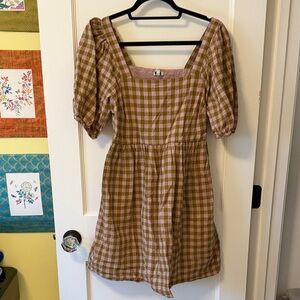 Madewell Plaid Puff Sleeve Mini Dress - Brown and Pink